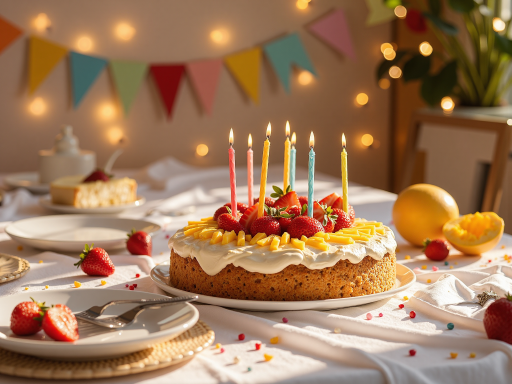 生日派对场景，装饰着彩色气球和生日蛋糕，朋友们围坐在一起欢笑，温暖的灯光营造出欢乐氛围