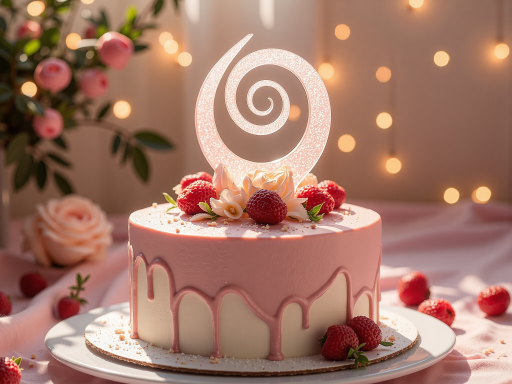 精美的生日蛋糕特写，上面插着点燃的蜡烛，周围摆放着鲜花和礼品盒